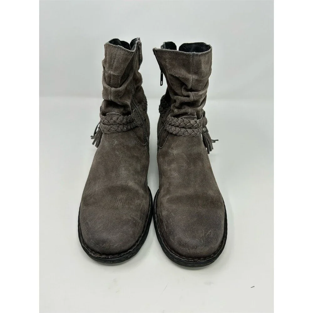 Born Womens Ankle Booties Gray Suede Slouch Braided Tassel Side Zip Size 10